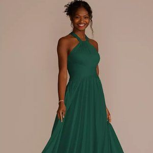 David's Bridal high-neck mesh bridesmaid dress with full skirt in Juniper